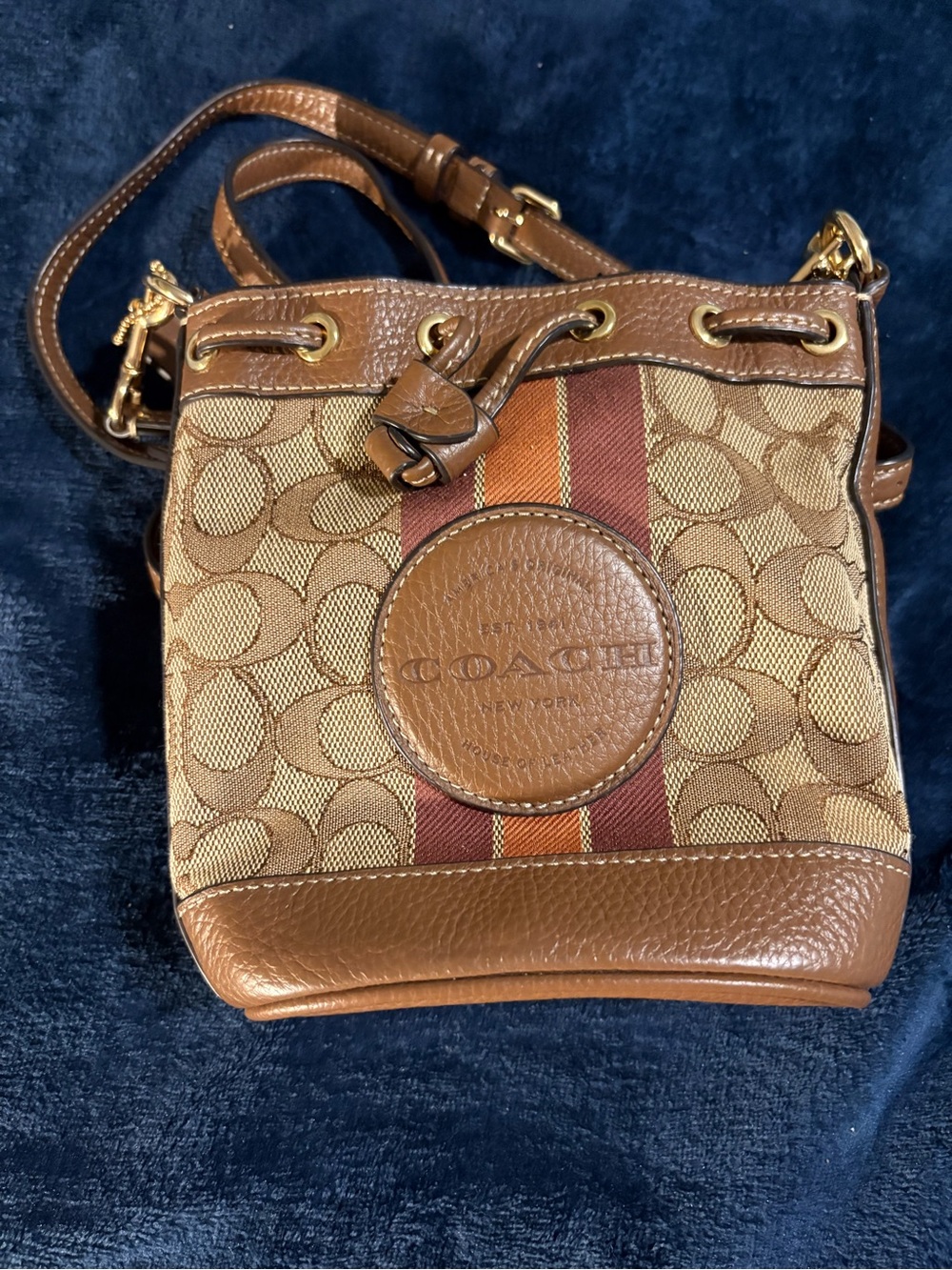 SOLD!!!!!   Coach Brown Signature Canvas Drawstring Crossbody with Stripe Detail